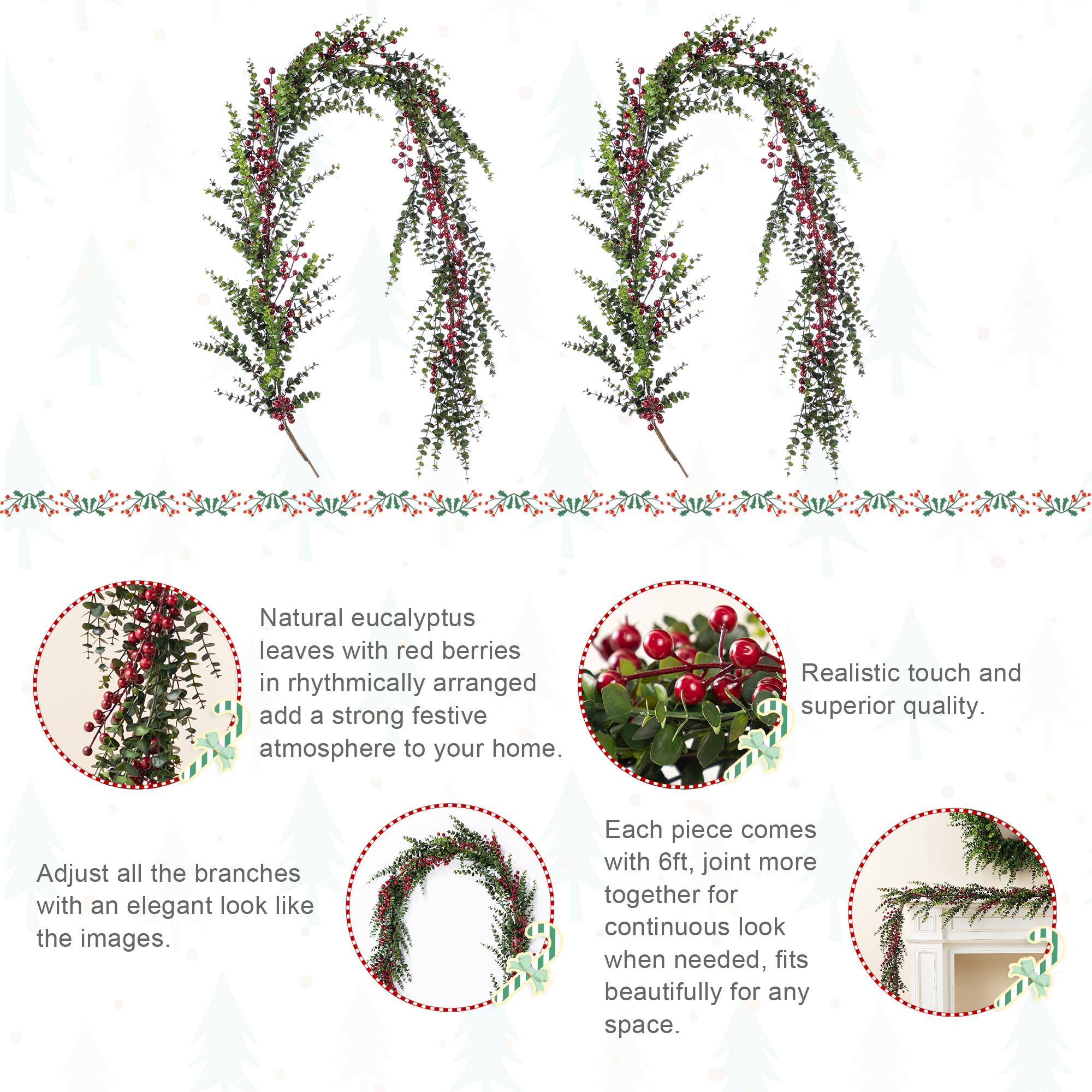 Glitzhome® 6ft Christmas Greenery Eucalyptus Garland with Red Berries, 2ct.